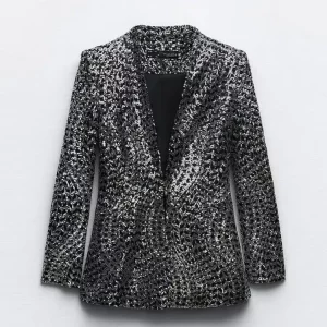 Silver Sequin Short Pants Suit with Lapel Blazer - Women's Fashion Set for Autumn Office and Club