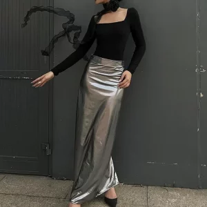 Silver Split Long Skirt Women's Low Waist Fashion