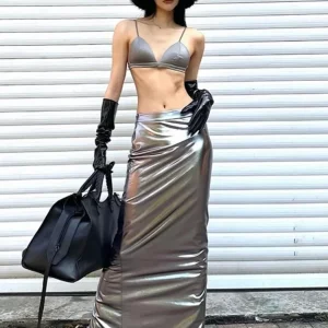 Silver Split Long Skirt Women's Low Waist Fashion