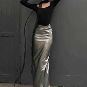 Silver Split Long Skirt Women's Low Waist Fashion