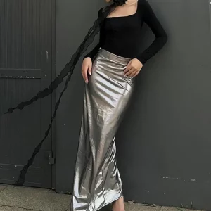 Silver Split Long Skirt Women's Low Waist Fashion