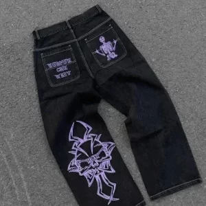 Skull Pattern Embroidered Hip Hop Jeans - Vintage Streetwear, Harajuku Style Wide Leg