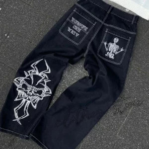 Skull Pattern Embroidered Hip Hop Jeans - Vintage Streetwear, Harajuku Style Wide Leg