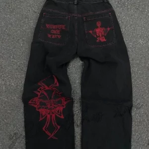 Skull Pattern Embroidered Hip Hop Jeans - Vintage Streetwear, Harajuku Style Wide Leg