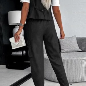 Sleeveless Stripe Women's Pants Set with V-neck Tank Top - Chic Office Outfit