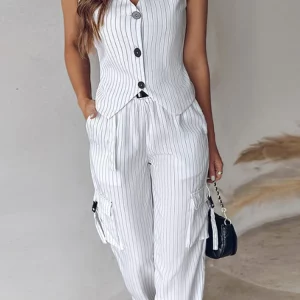 Sleeveless Stripe Women's Pants Set with V-neck Tank Top - Chic Office Outfit