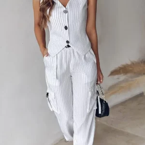 Sleeveless Stripe Women's Pants Set with V-neck Tank Top - Chic Office Outfit