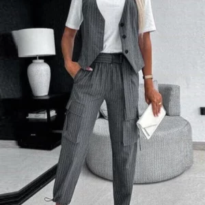 Sleeveless Stripe Women's Pants Set with V-neck Tank Top - Chic Office Outfit