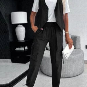 Sleeveless Stripe Women's Pants Set with V-neck Tank Top - Chic Office Outfit