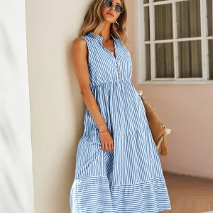 Sleeveless Striped Shirt Dress Women V-Neck A-Line Beach Holiday Dress