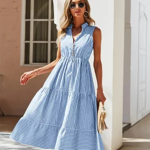 Sleeveless Striped Shirt Dress Women V-Neck A-Line Beach Holiday Dress