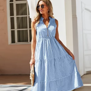 Sleeveless Striped Shirt Dress Women V-Neck A-Line Beach Holiday Dress