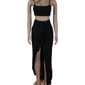 Solid 2-Piece Women's Crop Camisole & Front Split Maxi Skirt - 2024 Beach Holiday Out