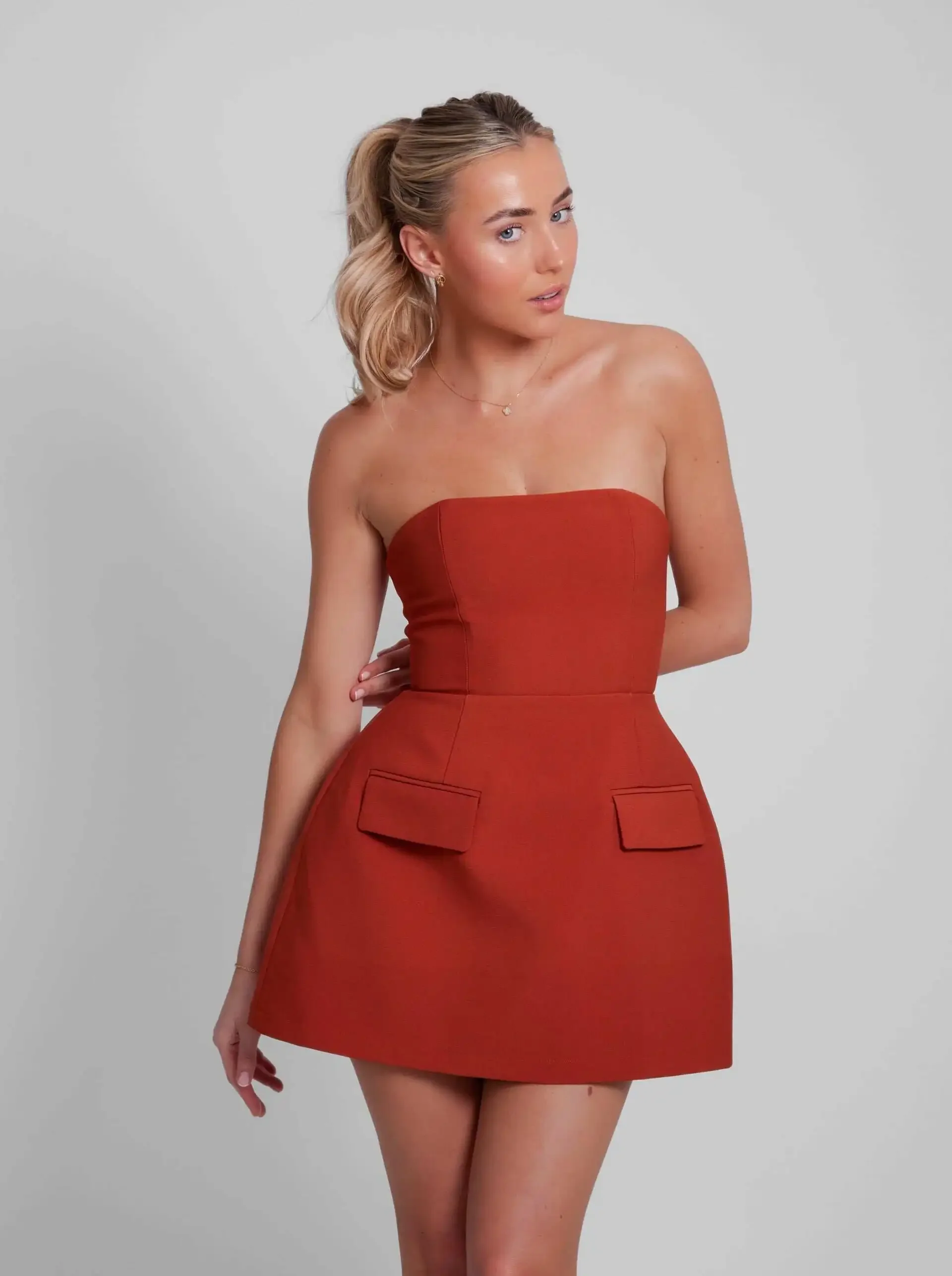 Solid Backless Tube Top Mini Dress with Pockets - Sleeveless A-line Bodycon Dress