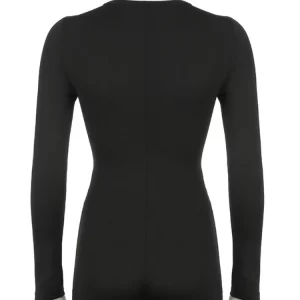 Solid Black Long Sleeve Bodycon Playsuit for Women - Y2K Style Casual Overalls