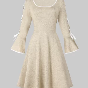 Solid Color Plus Size Knitted Dress with Drawstring - Casual Long Sleeve Women's Clothing