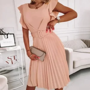 Solid Color Round Neck Ruffle Sleeve Dress with Belt