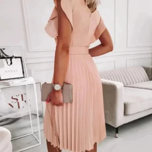 Solid Color Round Neck Ruffle Sleeve Dress with Belt