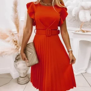 Solid Color Round Neck Ruffle Sleeve Dress with Belt