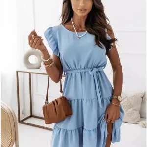 Solid Color Ruffled Edge Tie Waist Dress for Women