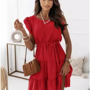 Solid Color Ruffled Edge Tie Waist Dress for Women