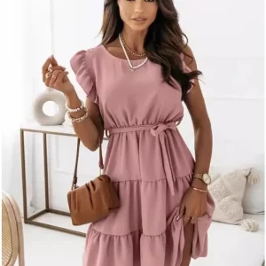 Solid Color Ruffled Edge Tie Waist Dress for Women