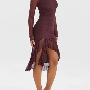 Solid Color Ruffles Bodycon Midi Dress with Long Sleeves