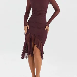 Solid Color Ruffles Bodycon Midi Dress with Long Sleeves