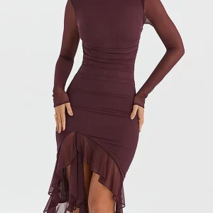 Solid Color Ruffles Bodycon Midi Dress with Long Sleeves