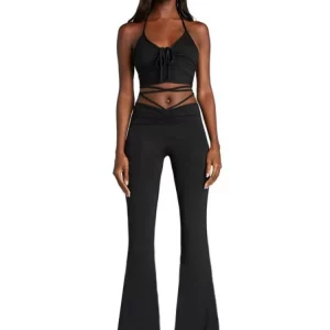 Solid Crop Tank Top & Sling Leggings Set, Sexy Casual Outfit