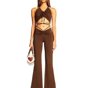 Solid Crop Tank Top & Sling Leggings Set, Sexy Casual Outfit