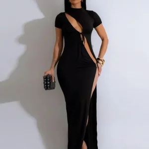 Solid O-Neck Short Sleeve Hollow Out Split Maxi Dress for Women - Elegant Summer Party Wear