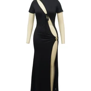 Solid O-Neck Short Sleeve Hollow Out Split Maxi Dress for Women - Elegant Summer Party Wear