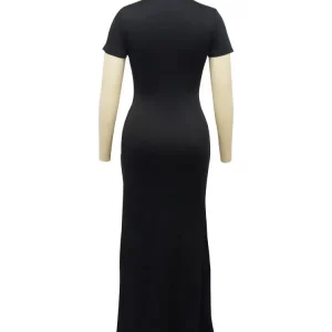 Solid O-Neck Short Sleeve Hollow Out Split Maxi Dress for Women - Elegant Summer Party Wear