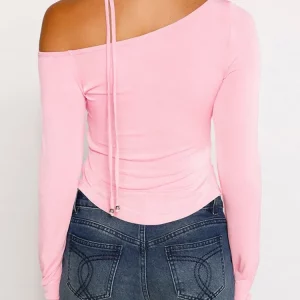 Solid Pink Lace-Up Crop Top with Inclined Collar