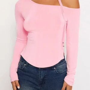 Solid Pink Lace-Up Crop Top with Inclined Collar