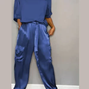 Solid Satin Women's Casual Patchwork Top and Trousers Set