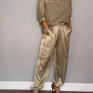 Solid Satin Women's Casual Patchwork Top and Trousers Set