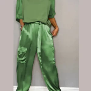 Solid Satin Women's Casual Patchwork Top and Trousers Set