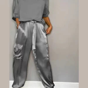 Solid Satin Women's Casual Patchwork Top and Trousers Set