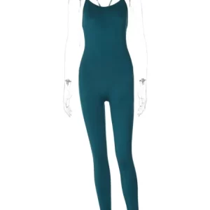 Solid Spaghetti Strap Yoga Jumpsuit | Backless Bodycon One Piece | Women's Sportswear