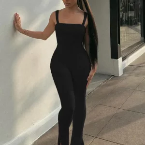 Solid Square Neck Backless Bandage Jumpsuit - Women's Bodycon Romper