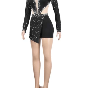 Sparkle Pearl Rhinestone Jumpsuit with Sheer Mesh Sleeves