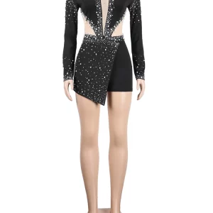 Sparkle Pearl Rhinestone Jumpsuit with Sheer Mesh Sleeves