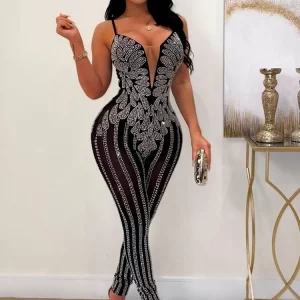 Sparkle Sheer Mesh Crystal Rompers - Women's Rhinestone Jumpsuits for Nightclub Glam