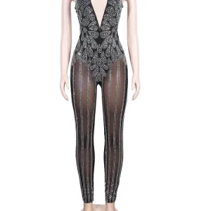 Sparkle Sheer Mesh Crystal Rompers - Women's Rhinestone Jumpsuits for Nightclub Glam