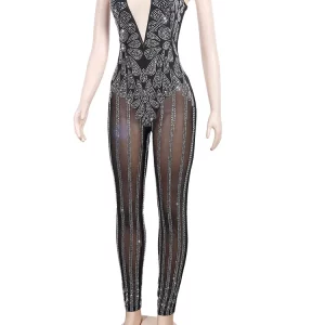 Sparkle Sheer Mesh Crystal Rompers - Women's Rhinestone Jumpsuits for Nightclub Glam