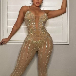 Sparkle Sheer Mesh Crystal Rompers - Women's Rhinestone Jumpsuits for Nightclub Glam