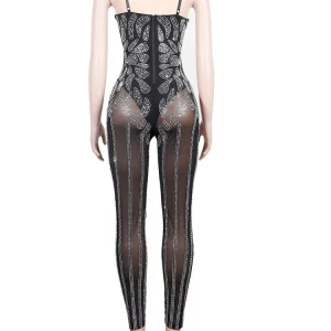 Sparkle Sheer Mesh Crystal Rompers - Women's Rhinestone Jumpsuits for Nightclub Glam