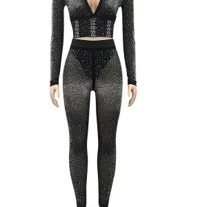 Sparkling Crystal Crop Top & Legging Set for Party Club